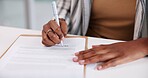 Hands, paper and pen for signature with business person closeup in office for agreement or contract. Documents, legal and writing with professional employee in workplace for compliance on desk