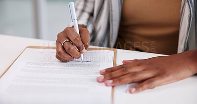 Buy stock photo Hands, paper and pen for signature with business person closeup in office for agreement or contract. Documents, legal and writing with professional employee in workplace for compliance on desk