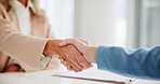 Employees, handshake and contract deal in workplace, job hiring and boardroom for recruitment. Business people, thank you and welcome to company in office, agreement and support in career opportunity