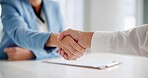 Employees, handshake and contract offer in workplace, hiring and boardroom for recruitment. Business people, thank you and welcome to company in office, agreement and support in career opportunity