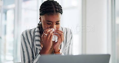 Buy stock photo Black woman, sick employee and blowing nose in office, allergies and tissue for virus influenza. Female person, respiratory disease and hayfever illness in workplace, sinus infection and pneumonia