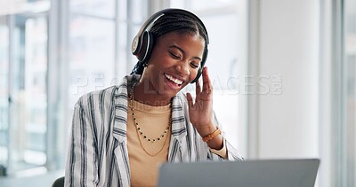 Buy stock photo Headphones, black woman and listening to music in office, hip hop or kpop podcast on laptop. Audio, sound and business person streaming on radio for relax, singing and happiness on break in startup