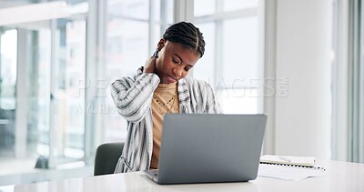 Buy stock photo Neck pain, laptop and black woman in office with injury, bad posture or stress symptoms. Computer, business and African female bookkeeper with muscle sprain for ergonomics problem in workplace.