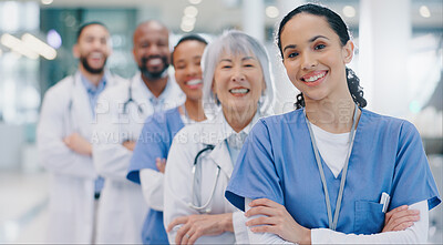 Buy stock photo Medical, people and portrait with arms crossed in hospital for healthcare service, unity and pride. Workers, diversity and nurses with doctors with smile for solidarity, trust or confidence at clinic