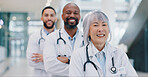 Doctors, people and portrait with arms crossed in hospital for medical service, pride and collaboration. Happy workers, diversity and team with smile at clinic for solidarity, unity and confidence