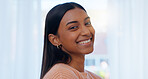 Portrait, smile and wellness with Indian woman in home on weekend for break, calm or relax. Curtain, face and window with happy person at apartment in sunny morning for peace, positivity or pride