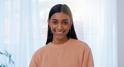 Buy stock photo Happy, portrait and wellness with Indian woman in home on weekend for break, calm or relax. Curtain, face and window with smile of person at apartment in sunny morning for peace, positivity or pride