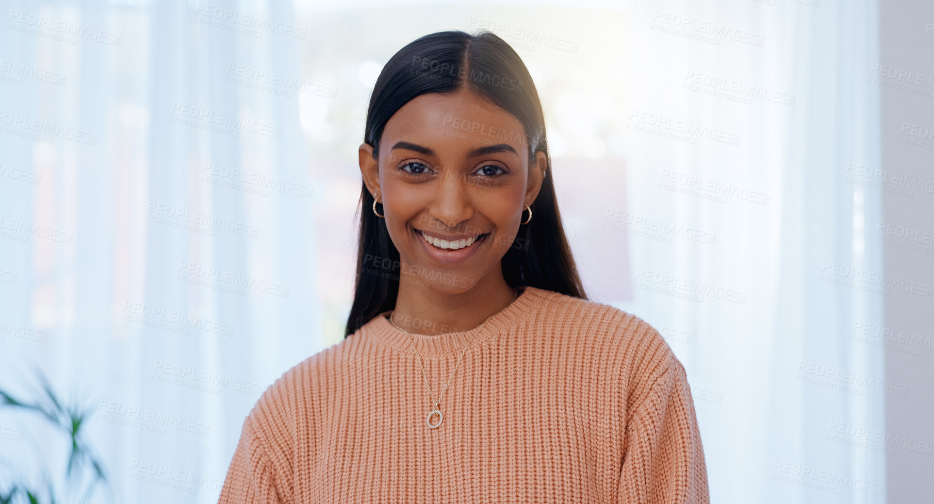 Buy stock photo Happy, portrait and wellness with Indian woman in home on weekend for break, calm or relax. Curtain, face and window with smile of person at apartment in sunny morning for peace, positivity or pride