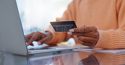 Buy stock photo Online shopping, laptop and hands of girl with credit card for payment planning, banking or home budget. Ecommerce, relax and woman at desk for fintech, web sale and financial freedom in apartment