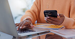 Hands, home and woman with laptop, cellphone and digital app with network, connection and social media. Apartment, closeup and person with smartphone, computer and communication with contact and text