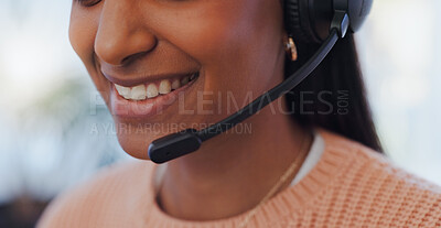 Buy stock photo Call center, mouth and businesswoman with microphone for telemarketing, support and consulting as service. Office, closeup and female advisor with headset for listening, answer questions and helping