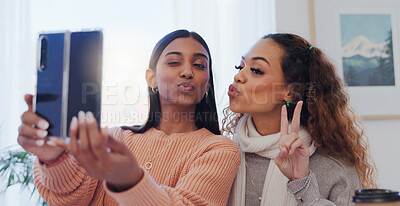 Buy stock photo Selfie, friends and women with peace sign, home and bonding in living room, content creator and post. House, photography and memory for influencer, pout and profile picture in lounge and together