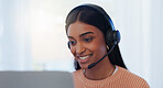 Call center, microphone and businesswoman with laptop for telemarketing, support and consulting by mockup. Freelancer, smile or female advisor with headset for listening, answer questions or helping