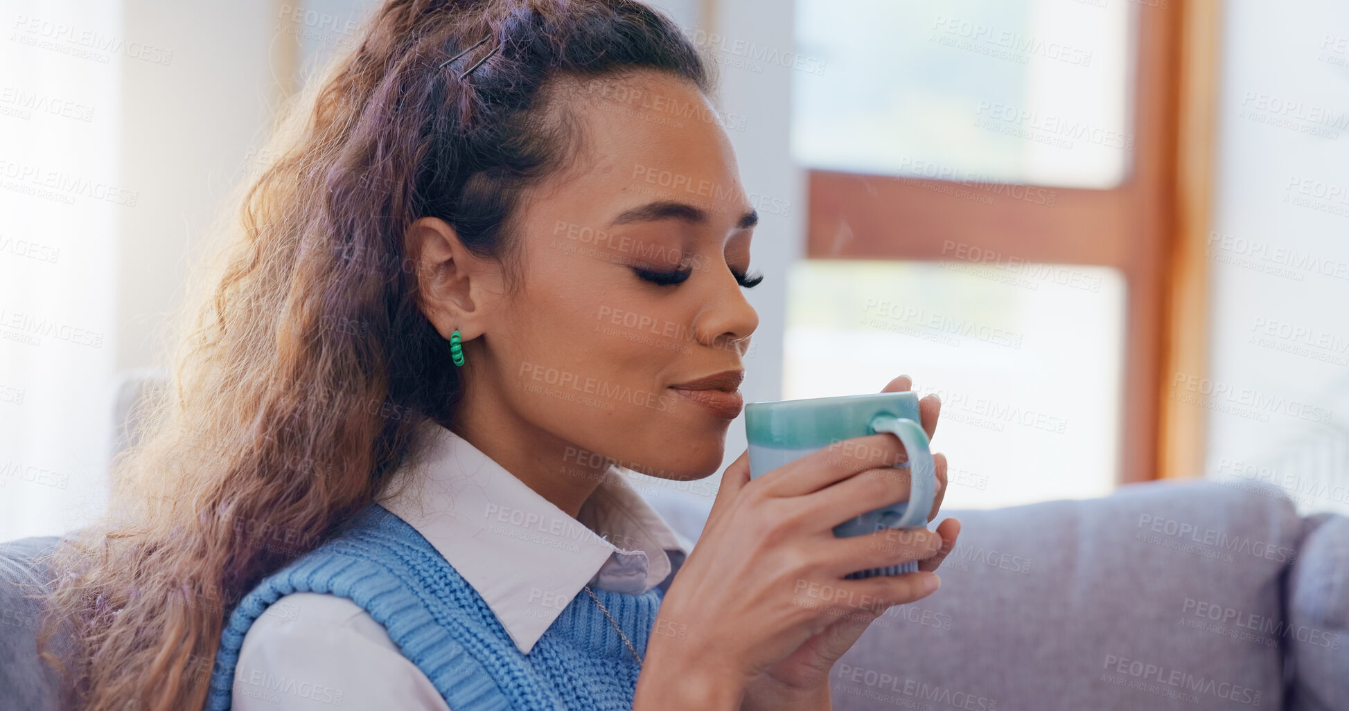 Buy stock photo Home, smell and woman with coffee, relax and comfort with weekend break, morning and aroma. Happy person, apartment and girl on couch, herbal tea and espresso in living room, scent and cappuccino