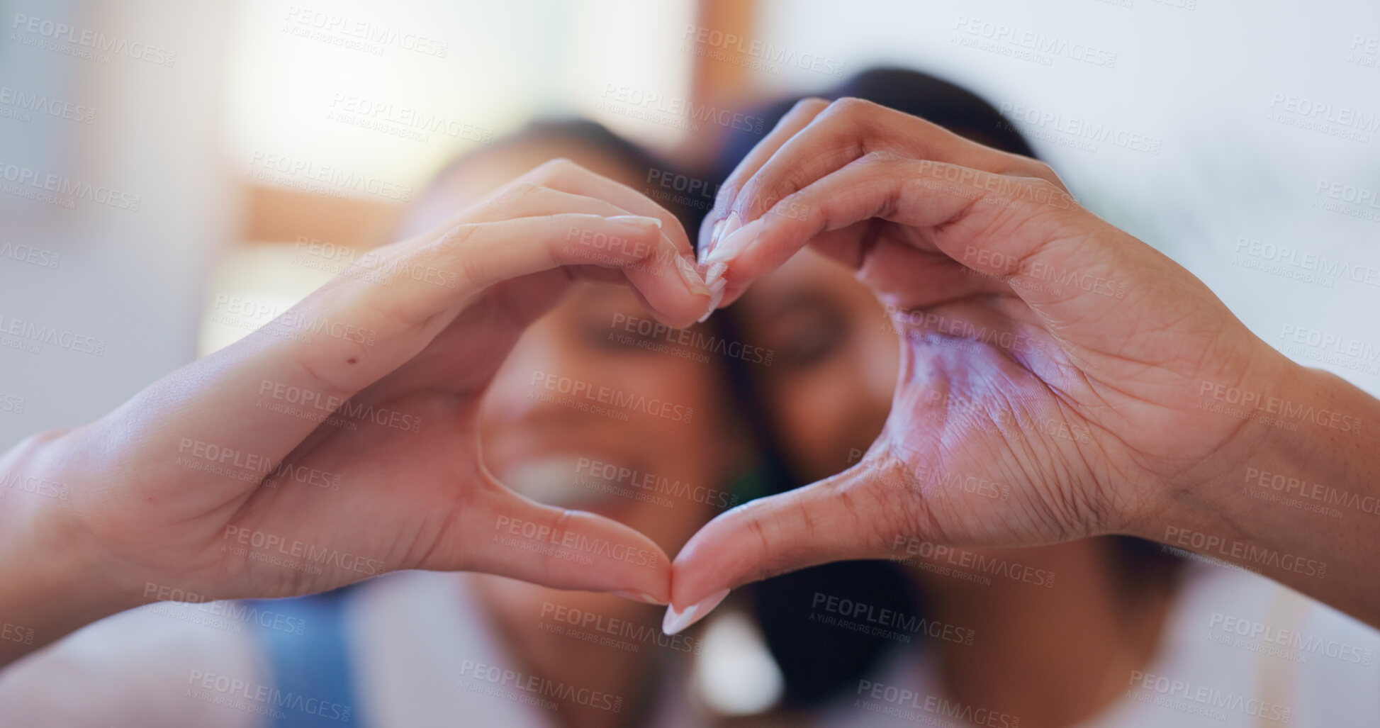 Buy stock photo Heart hands, lesbian and couple with portrait for love sign, lgbtq support and relationship commitment. Happy, gay people and pride gesture for marriage, partner loyalty and bonding together at house