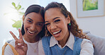 Portrait, lesbian couple and selfie with peace sign for pride photography, social media post and lgbtq support. Smile, gay women and profile picture update, relationship and bonding memory at house