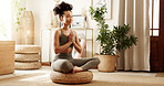 Home, yoga and woman with fitness, meditation and peace with chakra, routine and calm. Apartment, healthy person and girl with wellness, lotus and posture with balance and exercise in living room