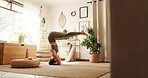 Head stand, yoga and woman in home for exercise, chakra balance or health in morning routine. Wellness, fitness and female person with pilates workout for body strength in living room at apartment.