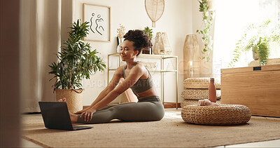 Buy stock photo Woman, yoga and stretching by laptop in home with smile, health and warm up for online course in morning. Girl, person and happy with computer, pilates and ready for virtual class on carpet in house