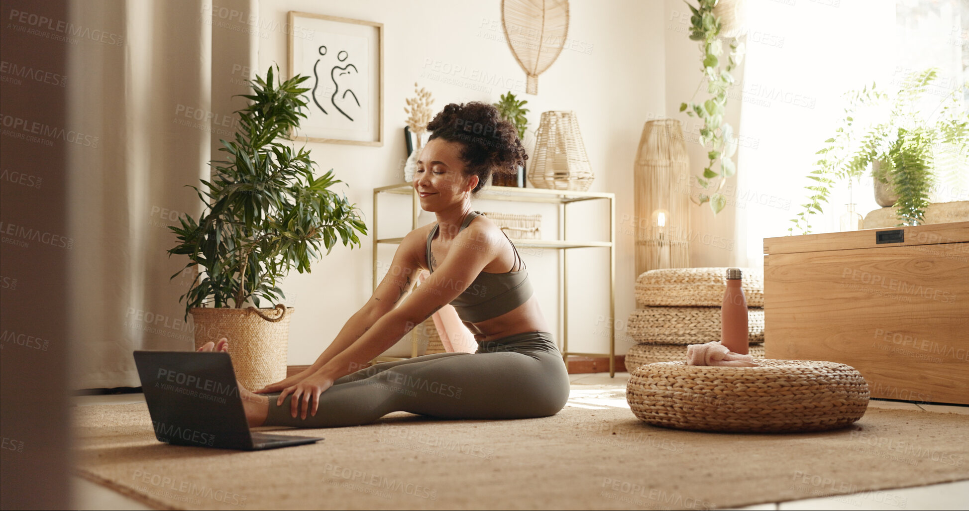 Buy stock photo Woman, yoga and stretching by laptop in home with smile, health and warm up for online course in morning. Girl, person and happy with computer, pilates and ready for virtual class on carpet in house