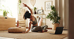 Woman, yoga and stretching by laptop on floor in home, health or warm up arms for online course in morning. Girl, person and happy with computer, pilates or ready for virtual class on carpet in house