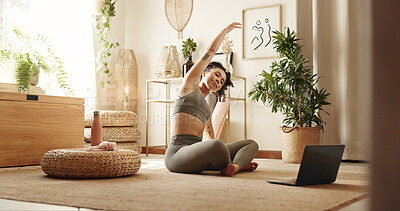 Buy stock photo Woman, yoga and stretching arms by laptop on floor in home, health or warm up for online course in morning. Girl, person and happy with computer, pilates or ready for virtual class on carpet in house