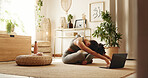 Girl, yoga and stretching by laptop in house, floor and warm up for health with online course in morning. Woman, person and start by computer, pilates and ready for virtual class on carpet in home