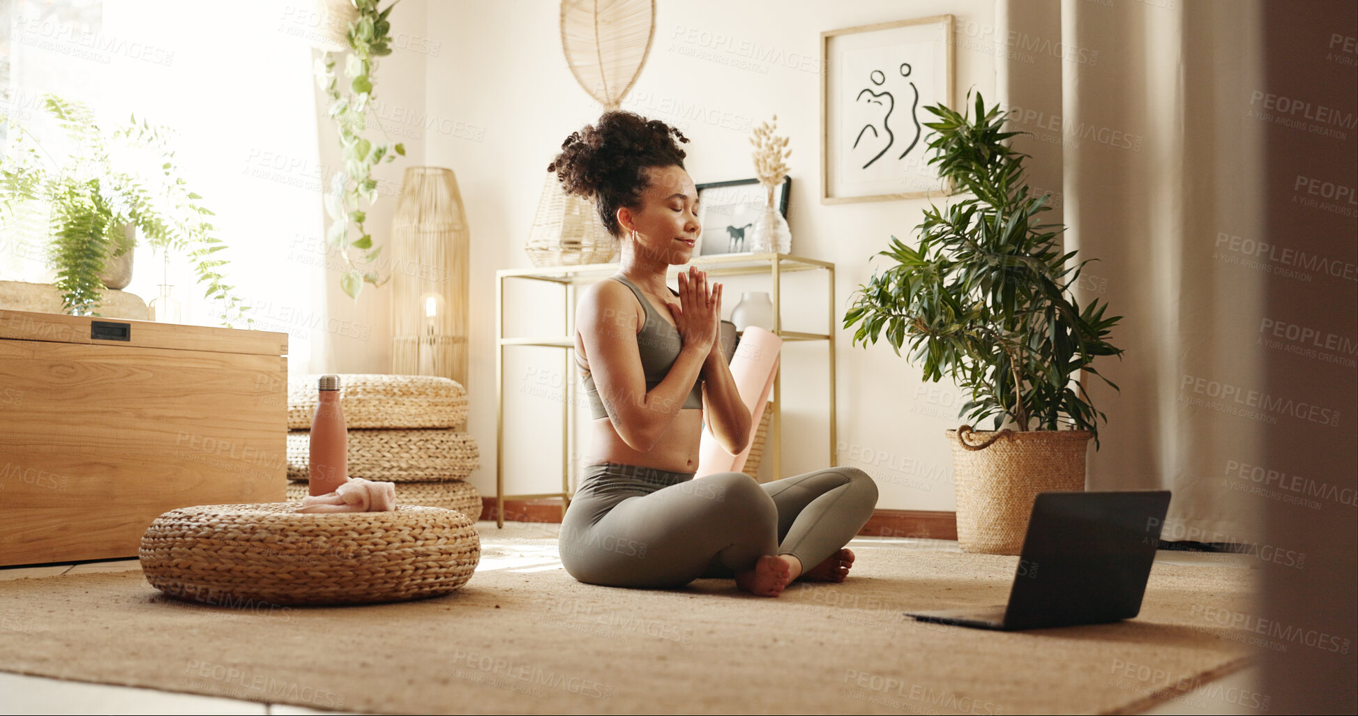 Buy stock photo Home, yoga and woman with laptop, meditation and peace with chakra, spiritual routine and calm. Apartment, healthy person and girl with pc, lotus or posture with exercise and wellness in living room