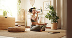 Woman, drinking water and yoga in home for fitness, peace or thirsty in session on floor. Girl, bottle or pilates in living room for hydration, healthy body or activity to improve cognitive wellbeing