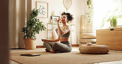 Buy stock photo Woman, yoga and drinking water on floor in home with smile, break and rest with hydration in morning. Girl, person and happy with container, bottle and ready for pilates class on carpet at apartment