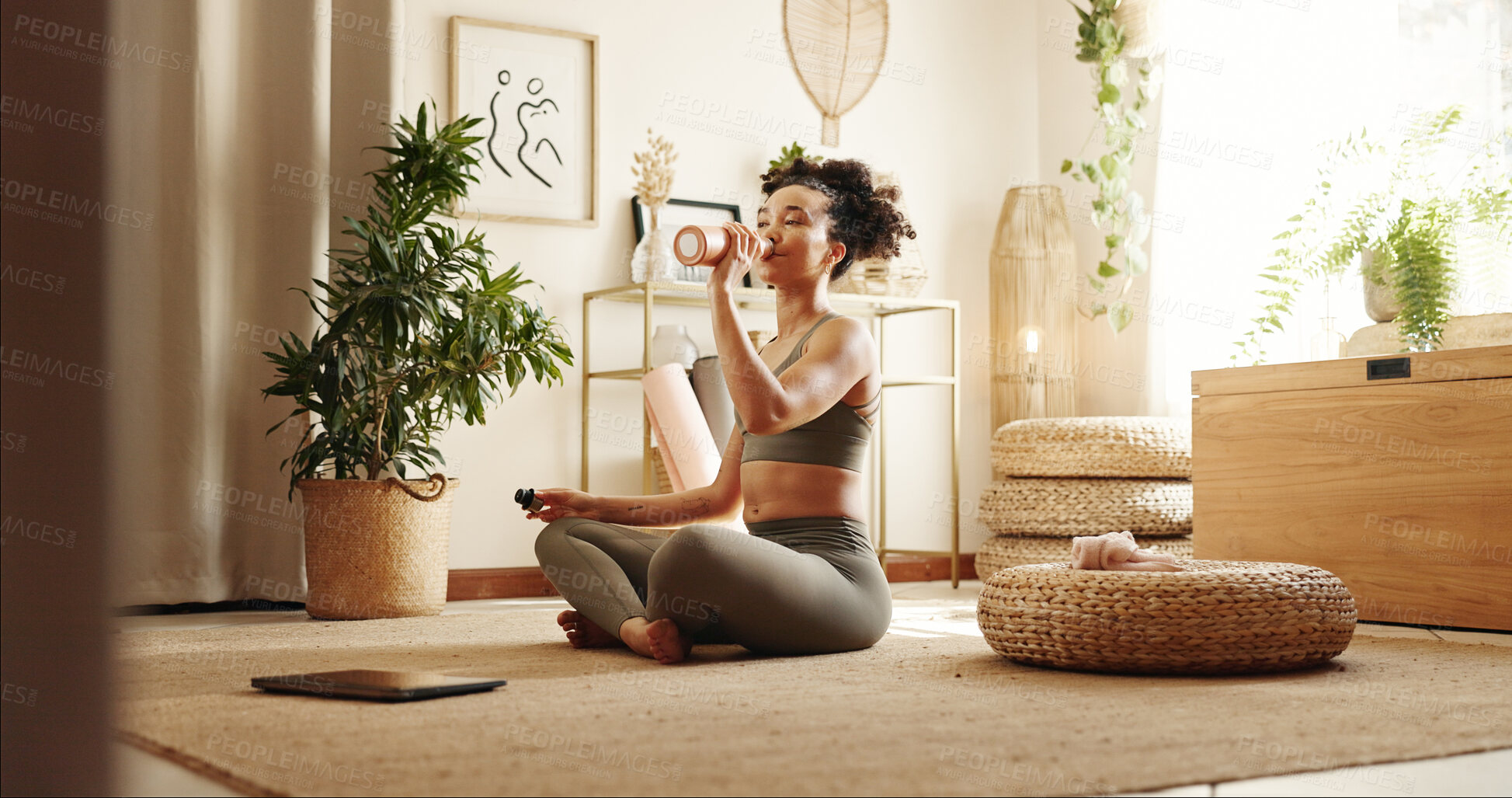 Buy stock photo Woman, yoga and drinking water on floor in home with smile, break and rest with hydration in morning. Girl, person and happy with container, bottle and ready for pilates class on carpet at apartment