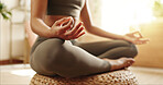 Girl, hands and yoga in home for fitness, peace and meditation in session on floor. Female person, lotus and pilates in living room for calm, healthy body and activity to improve cognitive wellbeing