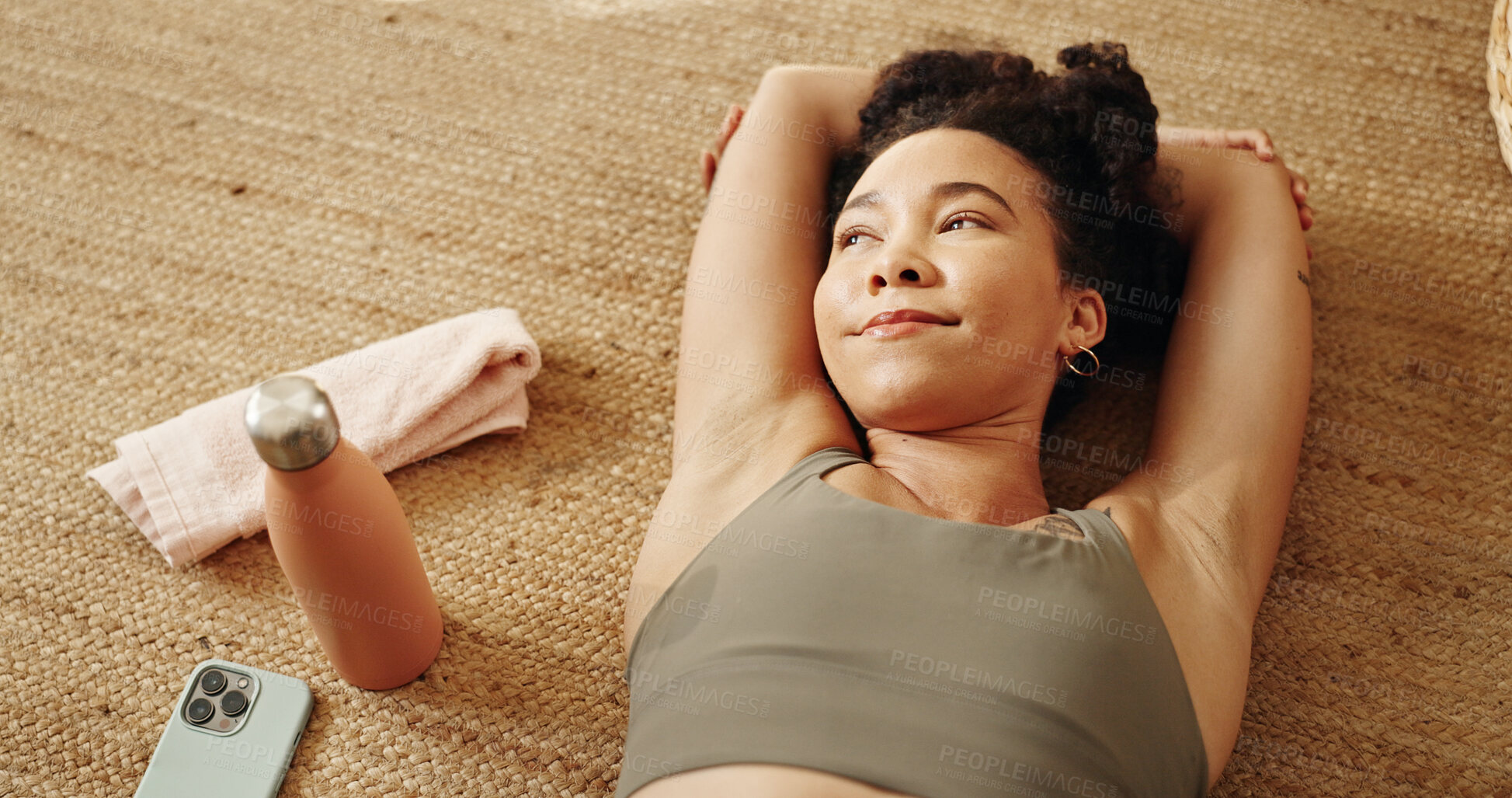 Buy stock photo Break, fitness and woman on floor, smile and peace in weekend, calm or wellness with workout. Bottle, relax and contemplating on ground, above and person in gym, rest or thinking of health or pilates