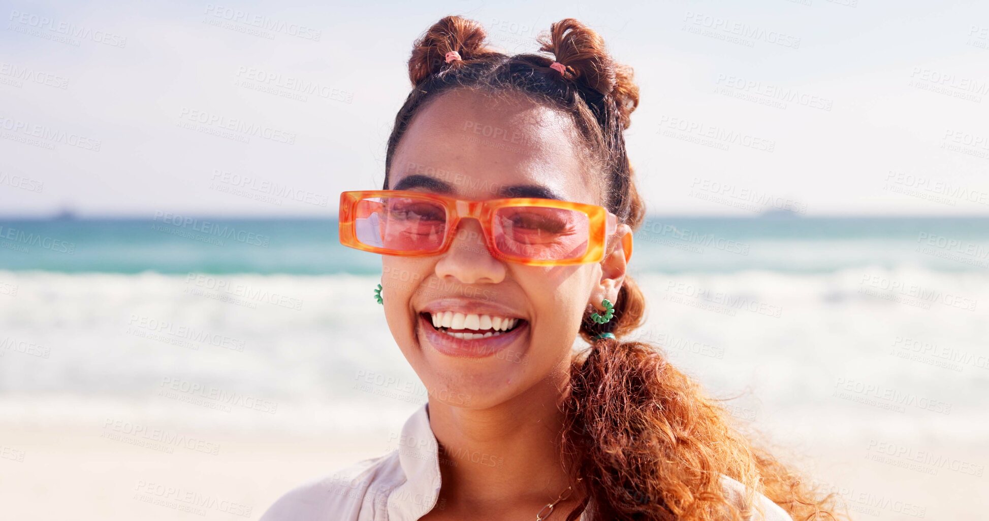 Buy stock photo Happy, sunglasses and portrait of woman at beach for vacation, holiday and weekend in nature. Travel, summer fashion and person by ocean, sea and outdoors for adventure, wellness and fun in Brazil