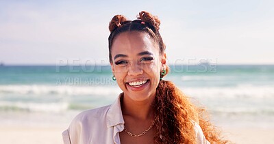 Buy stock photo Happy, smile and portrait of woman at beach for summer vacation, holiday and weekend in nature. Travel, relax and face of person by ocean, sea and outdoors for adventure, wellness and fun in Brazil