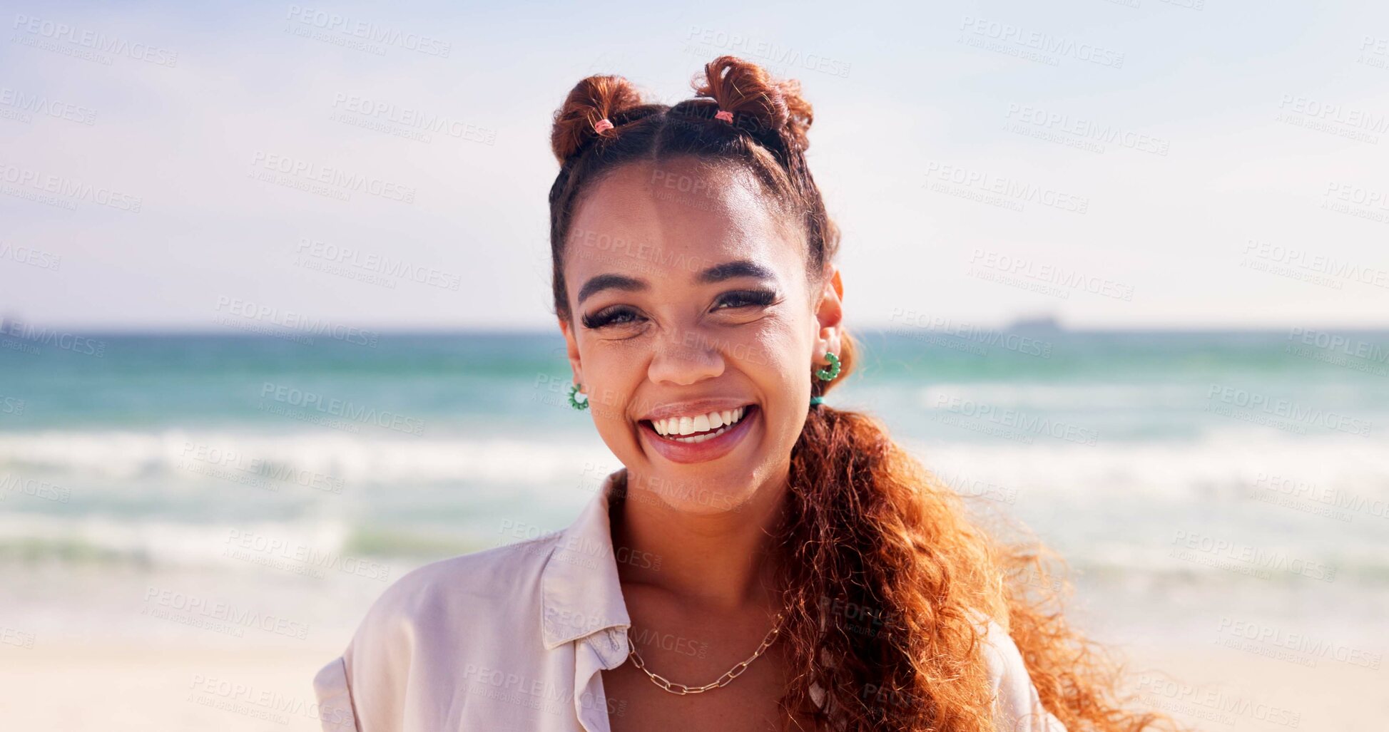 Buy stock photo Happy, smile and portrait of woman at beach for summer vacation, holiday and weekend in nature. Travel, relax and face of person by ocean, sea and outdoors for adventure, wellness and fun in Brazil