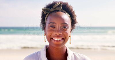 Buy stock photo Happy, relax and portrait of black woman at beach for summer vacation, holiday and weekend in nature. Travel, smile and face of person by ocean, sea and outdoors for tourist adventure in Tanzania