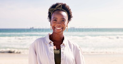 Buy stock photo Happy, travel and portrait of black woman at beach for summer vacation, holiday and weekend in nature. Relax, smile and face of person by ocean, sea and outdoors for fun adventure in South Africa