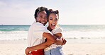 Friends, hug and love with women on beach together for holiday, travel or vacation in summer. Smile, support and trust with happy people embracing outdoor at ocean or sea for bonding and wellness