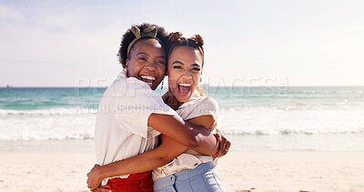 Buy stock photo Friends, hug and love with women on beach together for holiday, travel or vacation in summer. Smile, support and trust with happy people embracing outdoor at ocean or sea for bonding and wellness