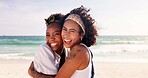 Friends, hug and smile with women on beach together for holiday, travel or vacation in summer. Love, support and trust with happy people embracing outdoor at ocean or sea for bonding and wellness