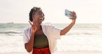 Happy, black woman and beach with peace sign for selfie, memory or photography in nature. Young African, female person or hipster with smile for picture, moment or holiday vacation by ocean coast