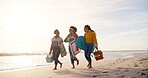 Happy, picnic and girl friends on beach for weekend trip, vacation or travel with bonding together. Walking, adventure and group of young women laughing by ocean for seaside tropical holiday.