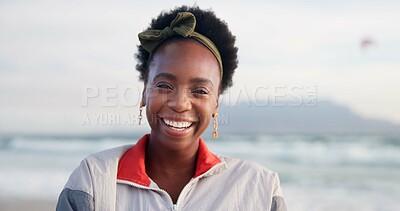 Buy stock photo Happy, laugh and portrait of black woman at beach for summer vacation, holiday and weekend in nature. Travel, smile and face of person by ocean, sea and outdoors for adventure, relax and fun in USA