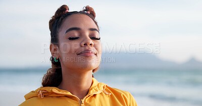 Buy stock photo Woman, breathing air and ocean for peace, mindfulness and Brazil location for oxygen in environment. Female person, zen and spiritual awareness for tourist at beach, weekend trip and travel to sea