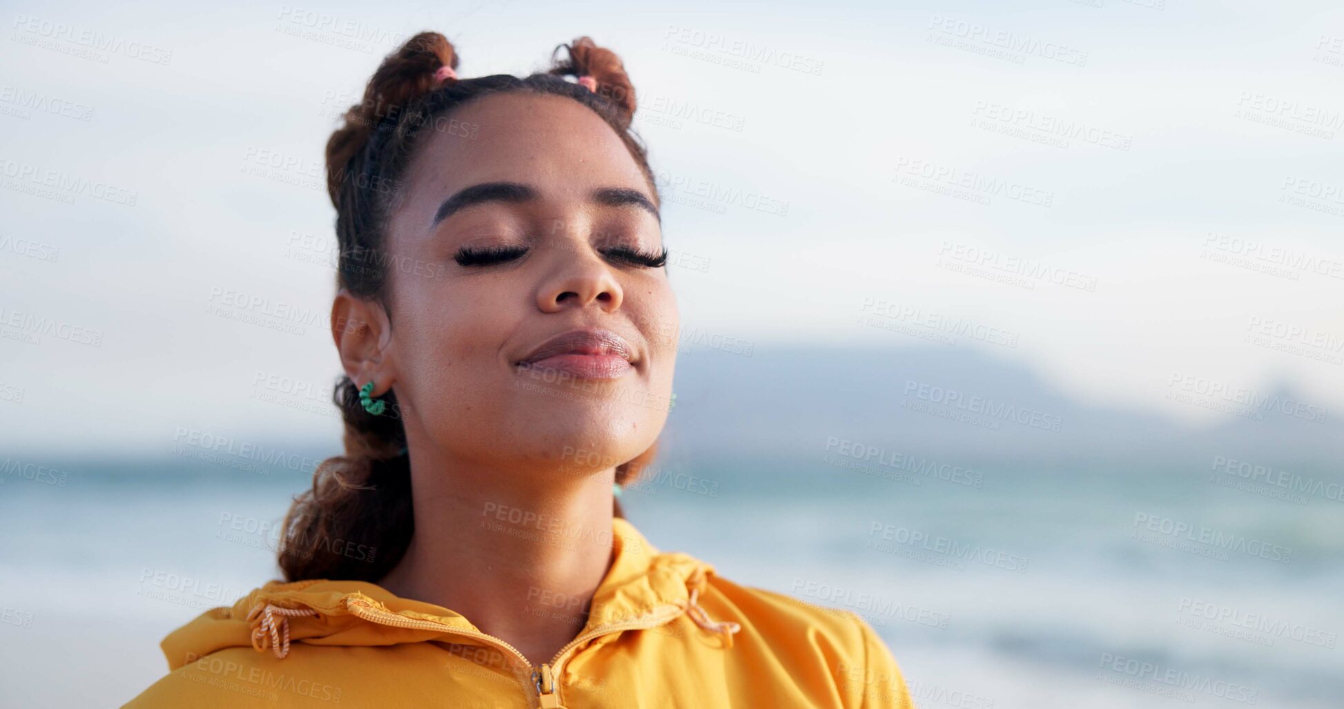 Buy stock photo Woman, breathing air and ocean for peace, mindfulness and Brazil location for oxygen in environment. Female person, zen and spiritual awareness for tourist at beach, weekend trip and travel to sea