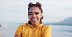 Happy, laugh and portrait of woman at beach for summer vacation, holiday and weekend in nature. Travel, smile and face of person by ocean, sea and outdoors for adventure, relax and fun in Brazil