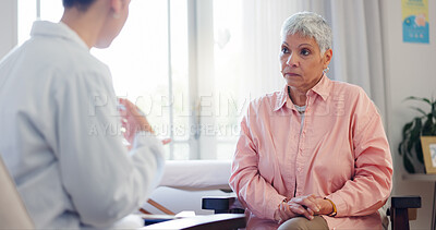 Buy stock photo Doctor, office and women in consultation at clinic for treatment plan, discussion and medical advice. Healthcare, conversation and senior patient listening to worker for diagnosis, results and info