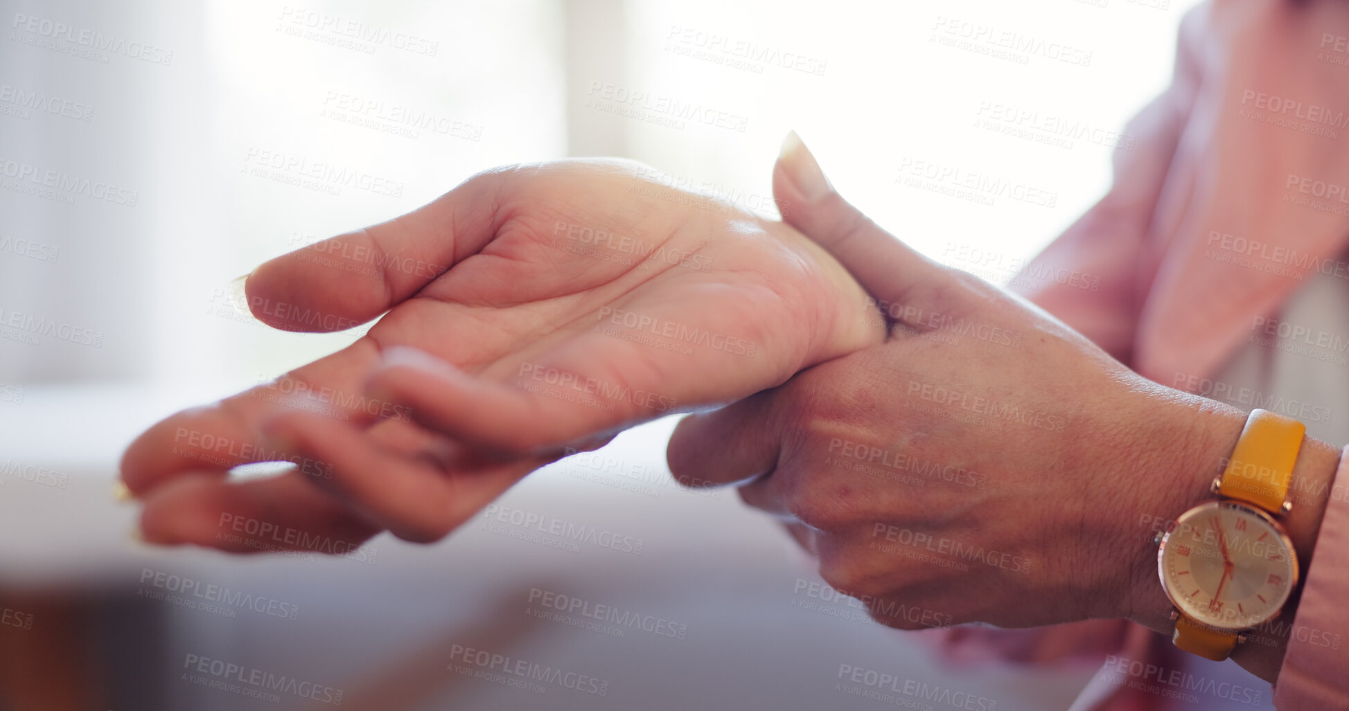 Buy stock photo Closeup, hands and senior person with wrist pain for injury, inflammation and discomfort of carpal tunnel. Home, old woman and muscle ache with massage for relief, osteoporosis and arthritis symptoms
