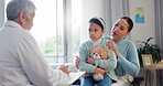 Pediatrician, hospital and mom at kid consultation with paperwork of mature woman and teddy with health check. Help, clinic and healthcare with exam, young girl and wellness with family doctor